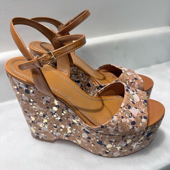 Tory Burch Solana Women's Ankle Buckle Strap Confetti Cork Platform Wedge Size 7 - Picture 2 of 6